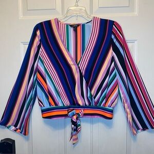 EXPRESS Colorful Cropped Striped V-Neck Faux Wrap Tie Front Blouse Sz XS